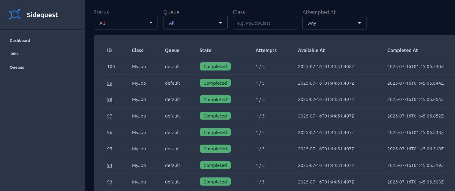 Sidequest.js Dashboard